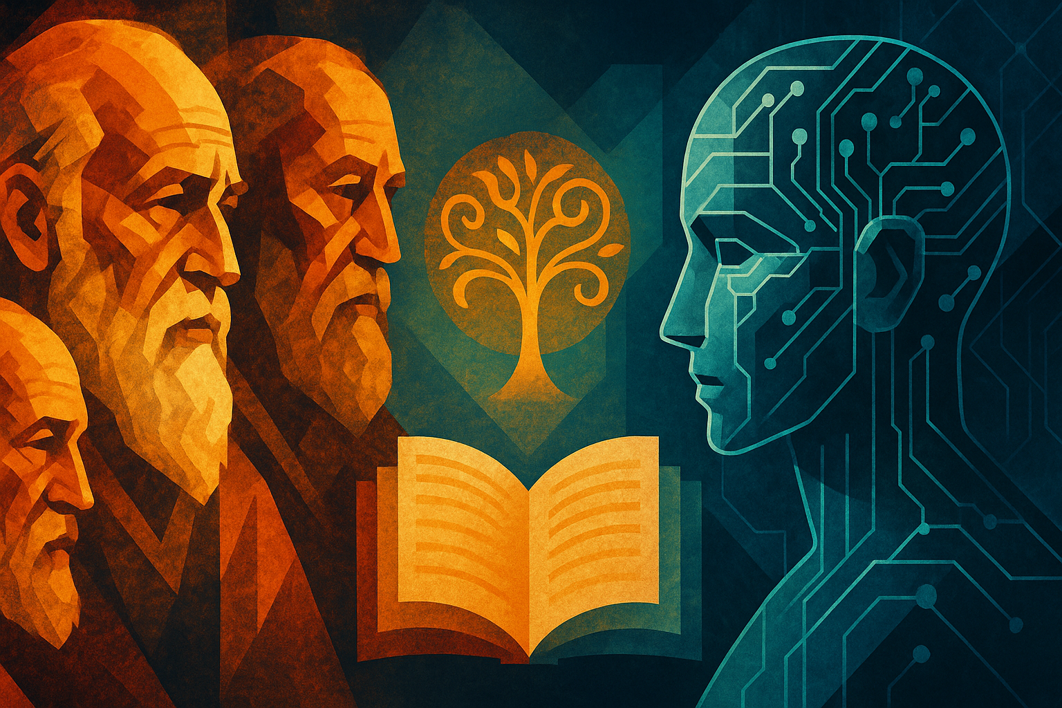 Abstract art picture showing elders, artificial intelligence, and wisdom.