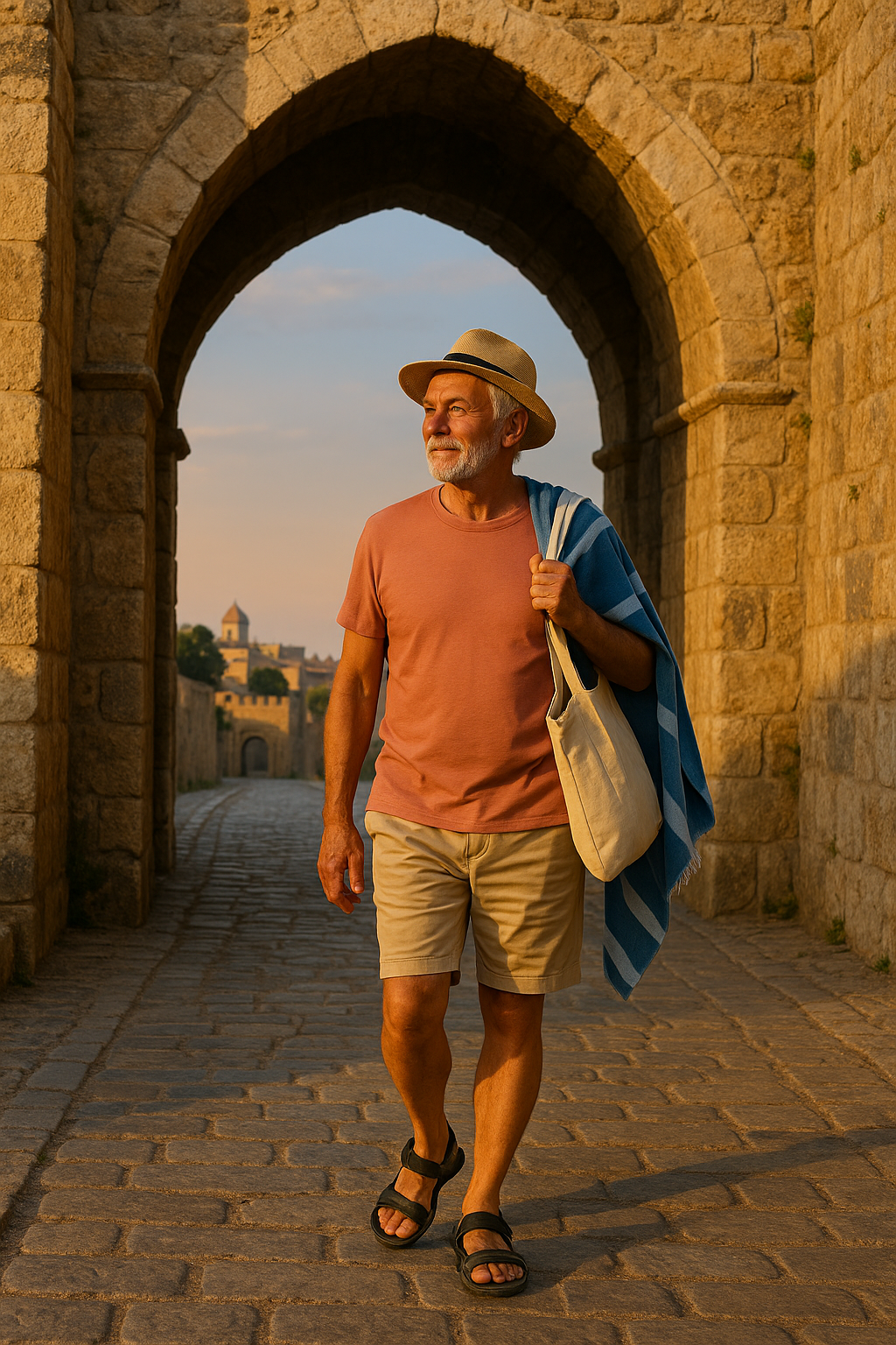 Elderly man in beachwear walking through ancient stone city gates at sunset.