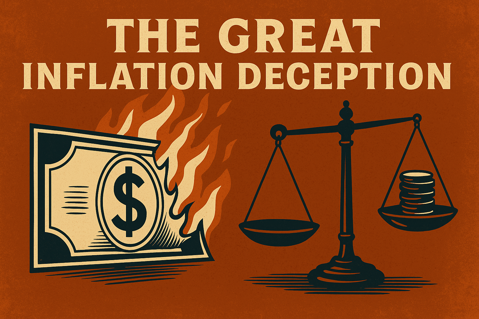 Illustration showing a burning dollar bill and an unbalanced scale with coins, symbolizing inflation and financial deception.