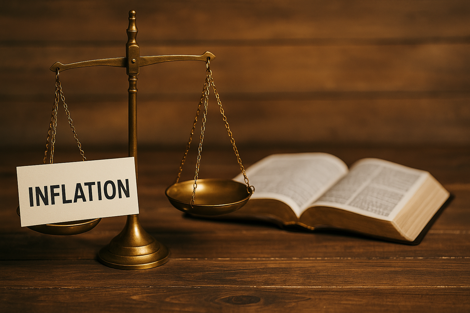 Brass balance scale labeled “Inflation” beside an open Bible on a wooden table, symbolizing the contrast between dishonest money and biblical truth.
