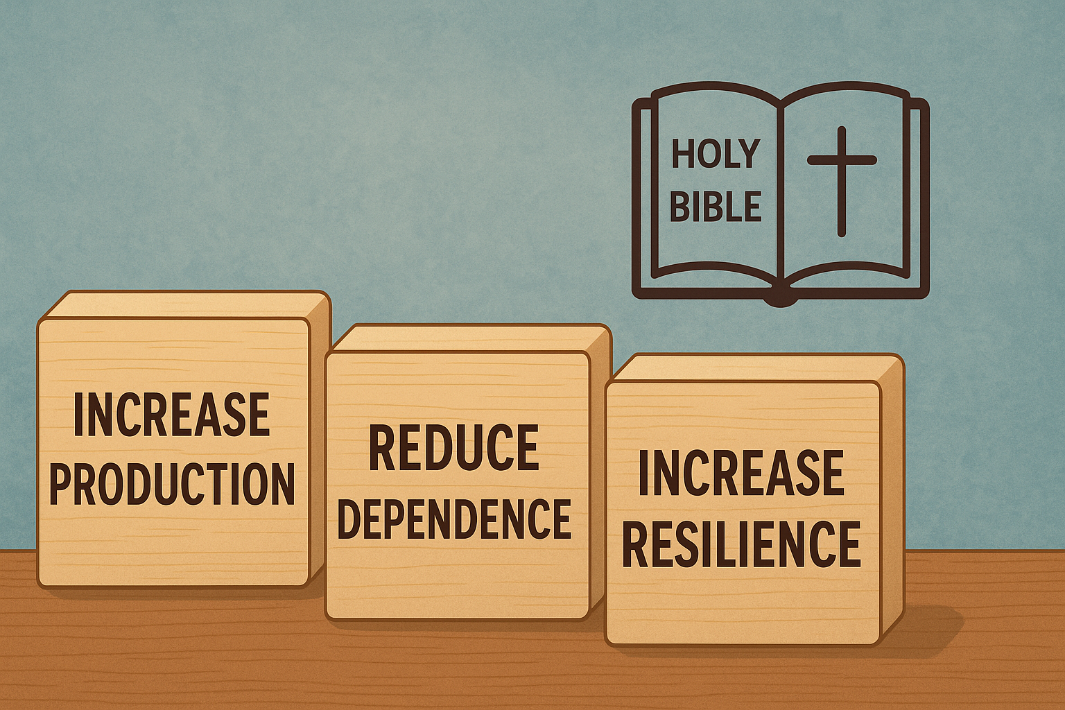 Blocks labeled “Increase Production,” “Reduce Dependence,” and “Increase Resilience” with a Bible icon, representing the three asset questions and Psalm 73.