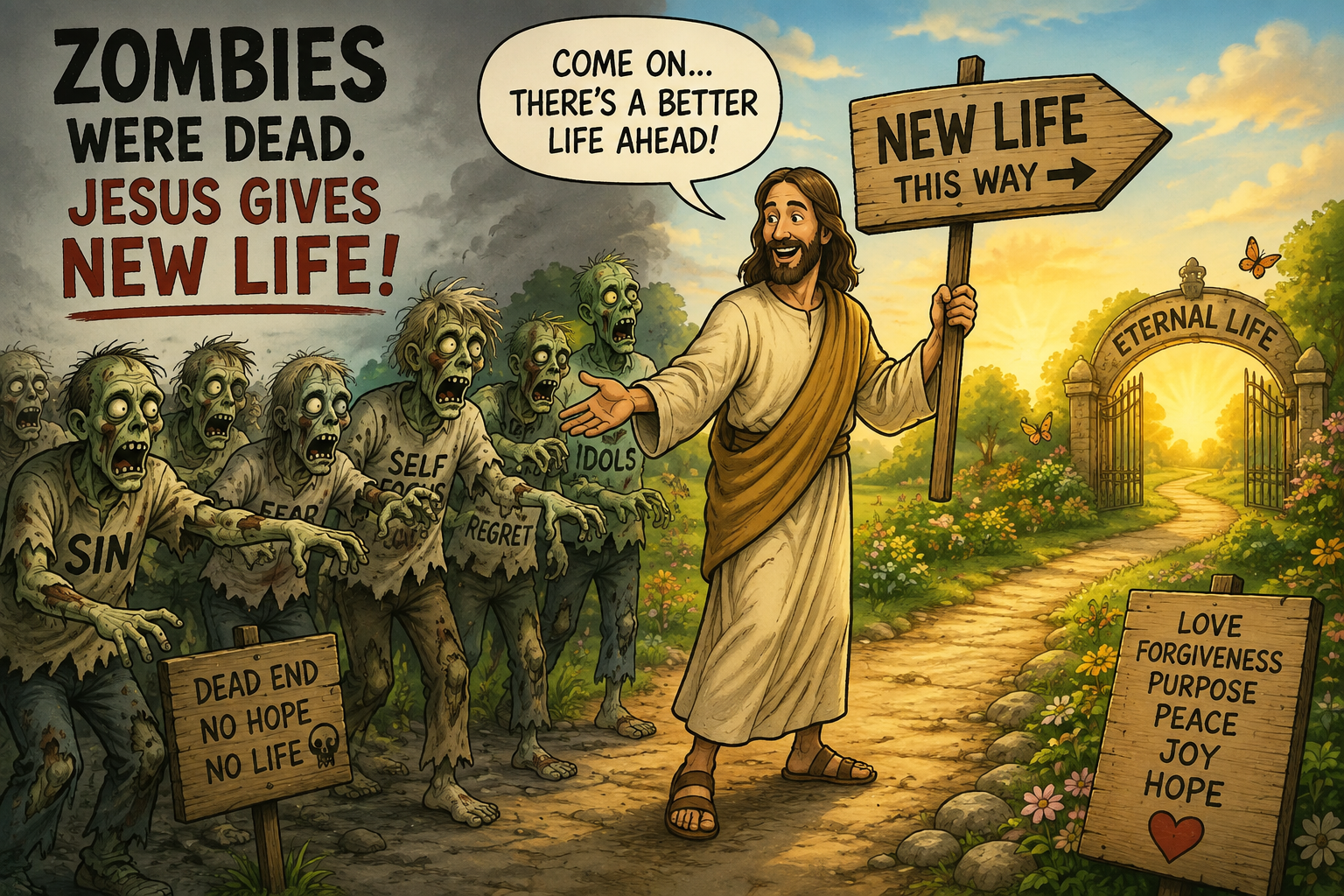 Jesus leads a group of zombies toward new life and eternal life, illustrating Christian new birth and salvation.